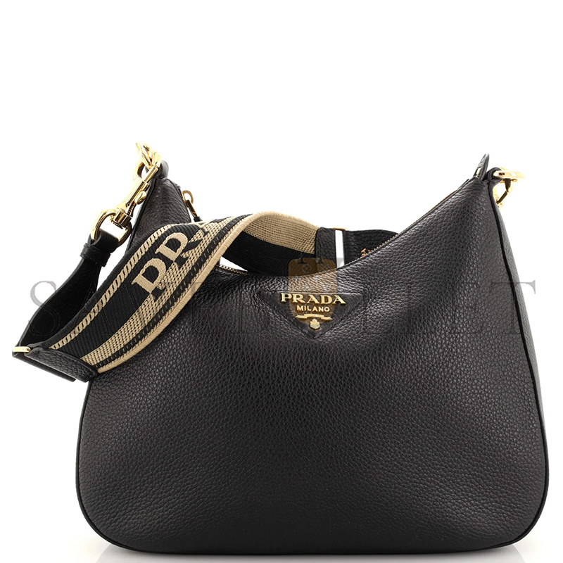 Pra*a logo strap shoudler bag leather medium black 1bc178 (32*25.5*7.5cm)